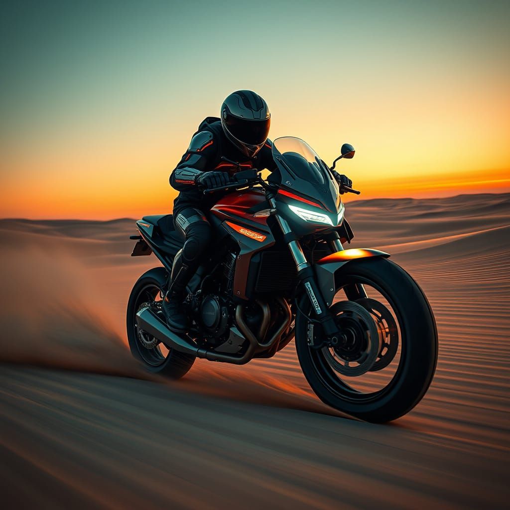 Futuristic Motorcyclist Speeds Through Alien Desert