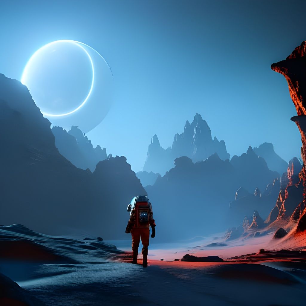 Astronaut Explores Lush Alien Planet in Detailed Painting