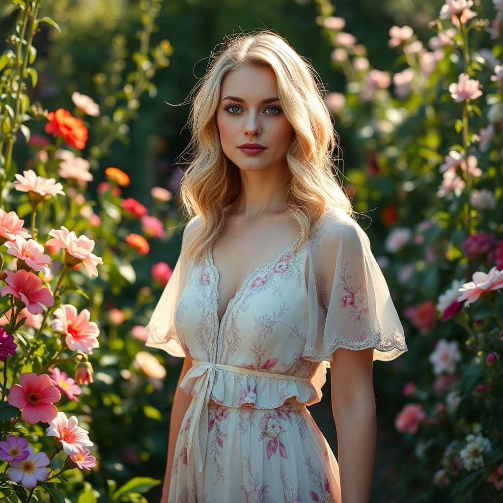 Serene Woman in Lush Garden with Ethereal Quality