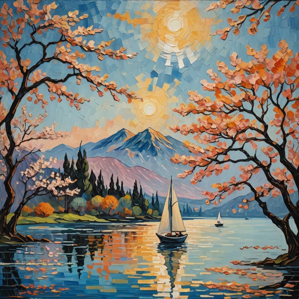 Sailboat on Lake in Abstract Expressionism Style