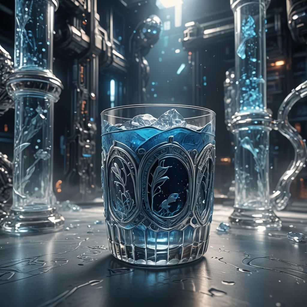 Blue Sci-Fi Drink in Etched Glass, Digital Art