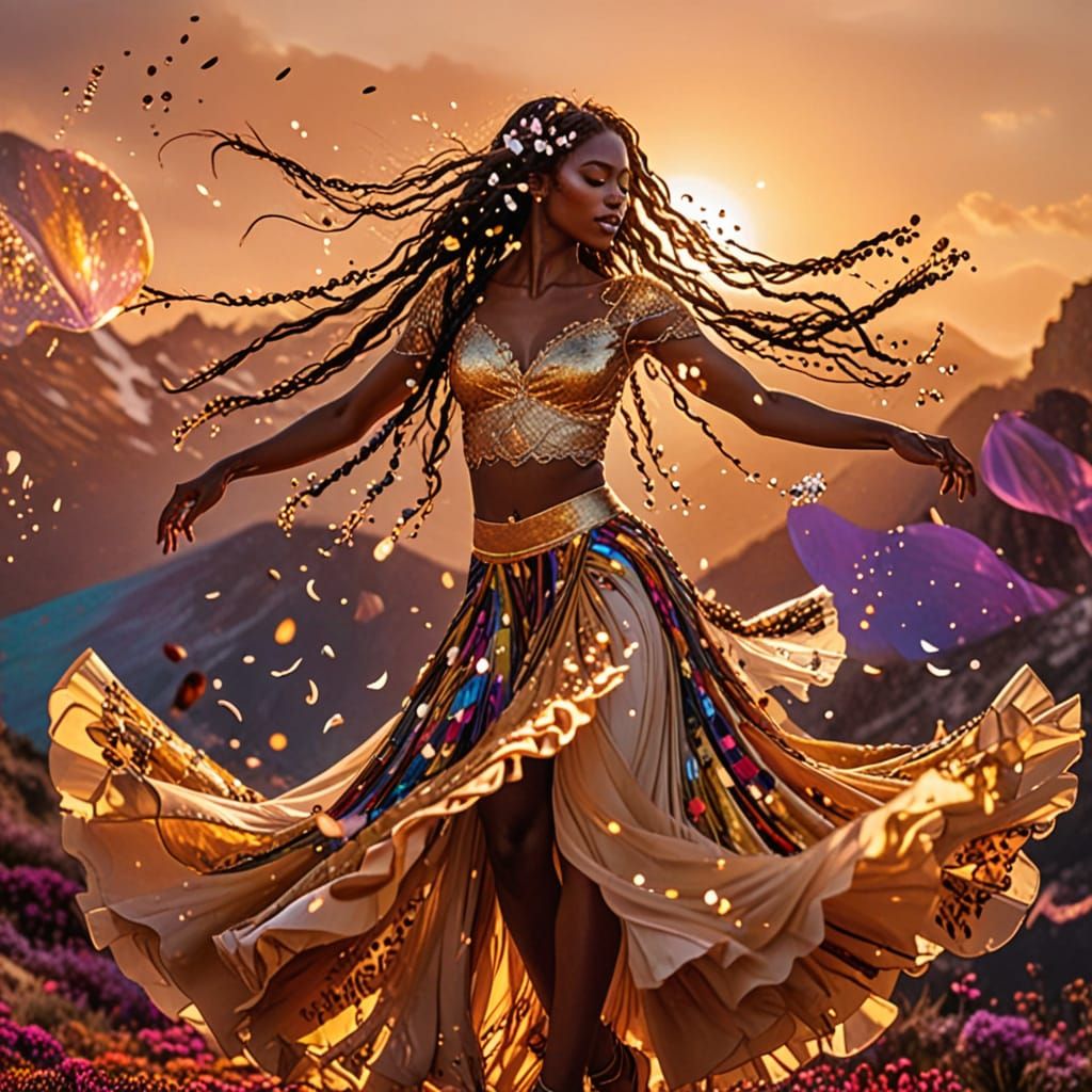 Woman Dancing Joyfully Atop Mountain During Golden Sunset