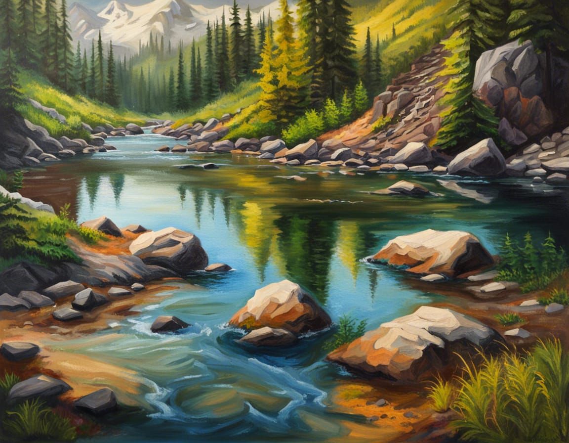 Hiking in Mount Rainier: Detailed Oil Painting