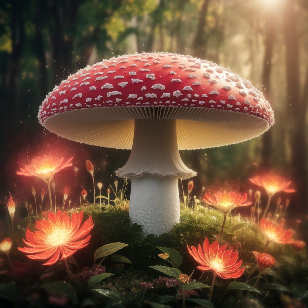 Whimsical Fairy Realm Beneath Glowing Amanita Mushroom