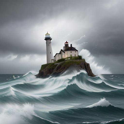 Lighthouse in Turbulent Stormy Seascape