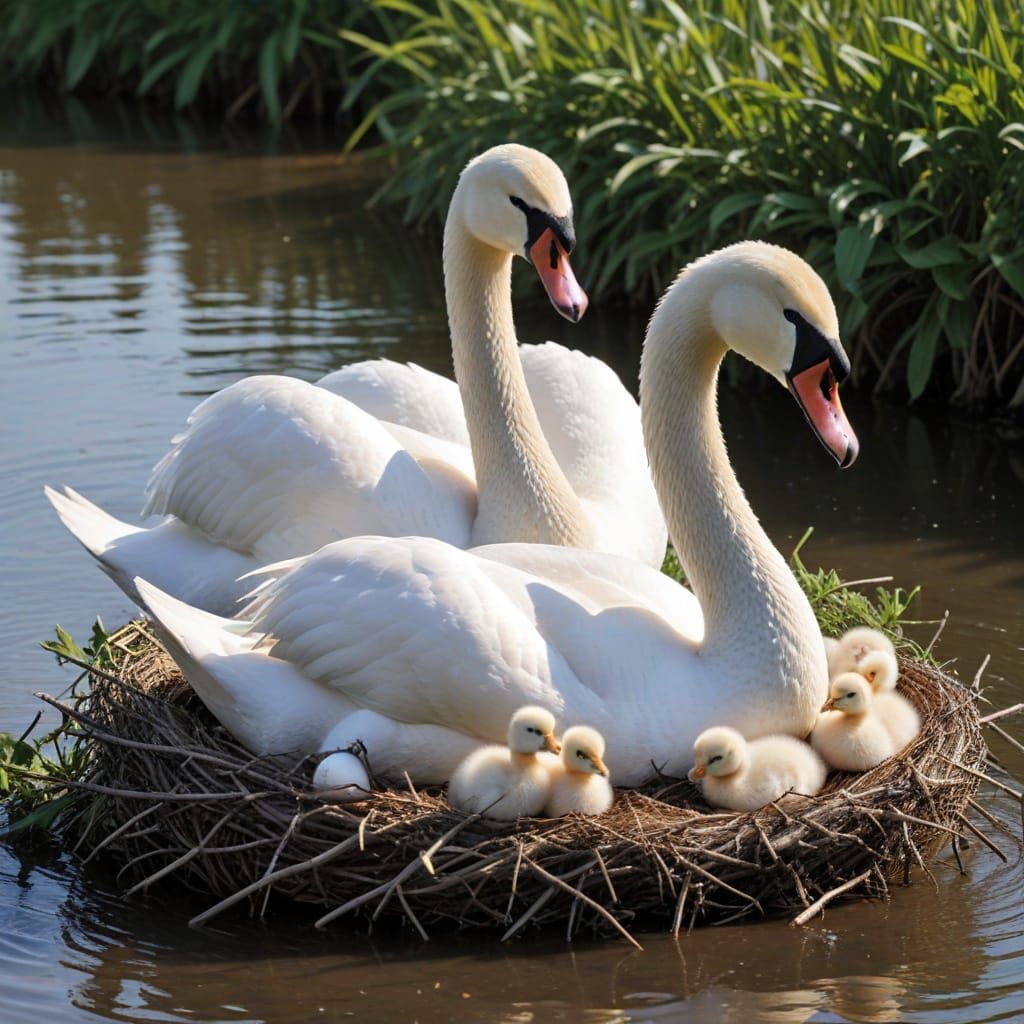 Swans with 7 eggs at nest at the Riverhead in Grimsby's River Freshney 2025,
