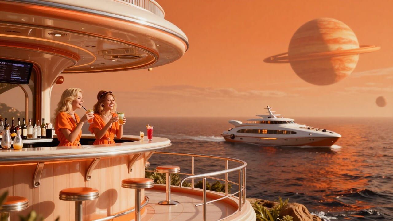 Retro-Futuristic Bar Scene with Orange Ocean and Gas Giant