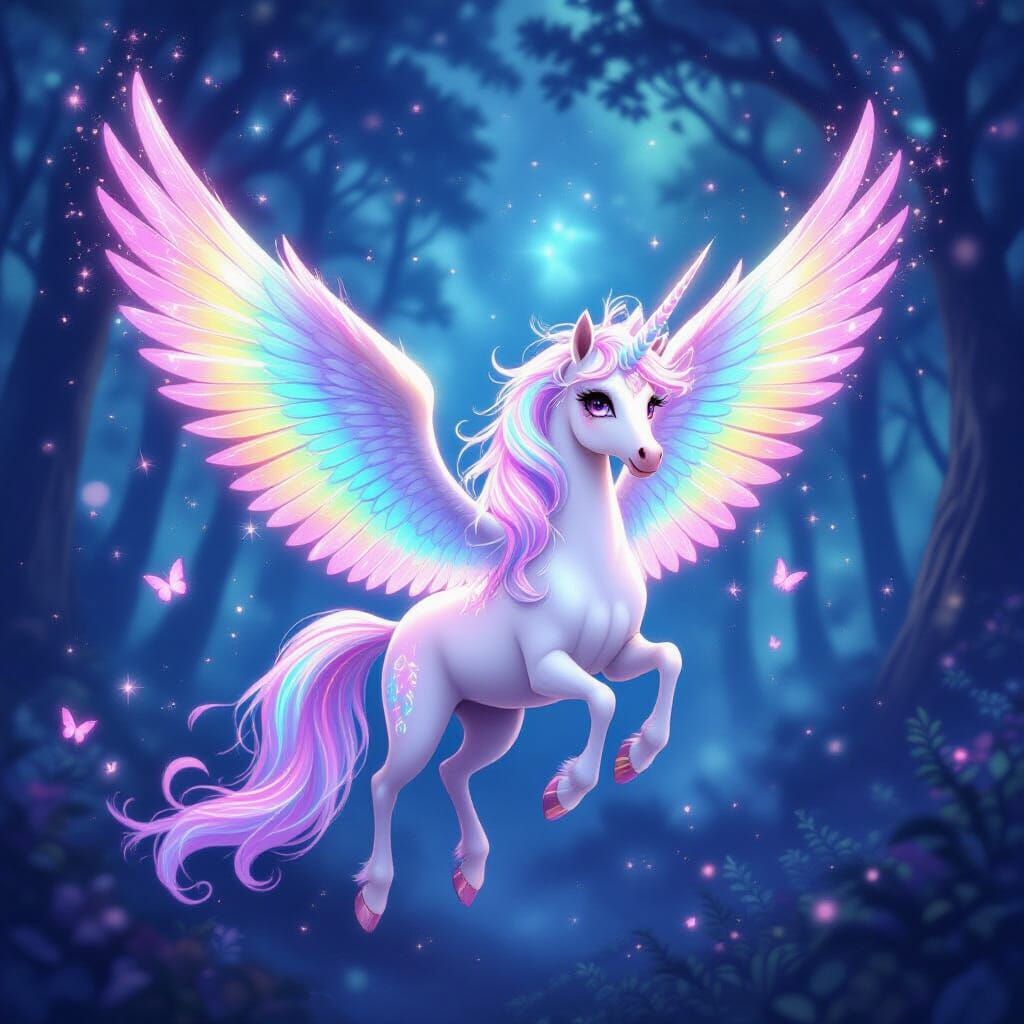 Luminous Celestial Alicorn Radiating Magic in Cosmic Forest
