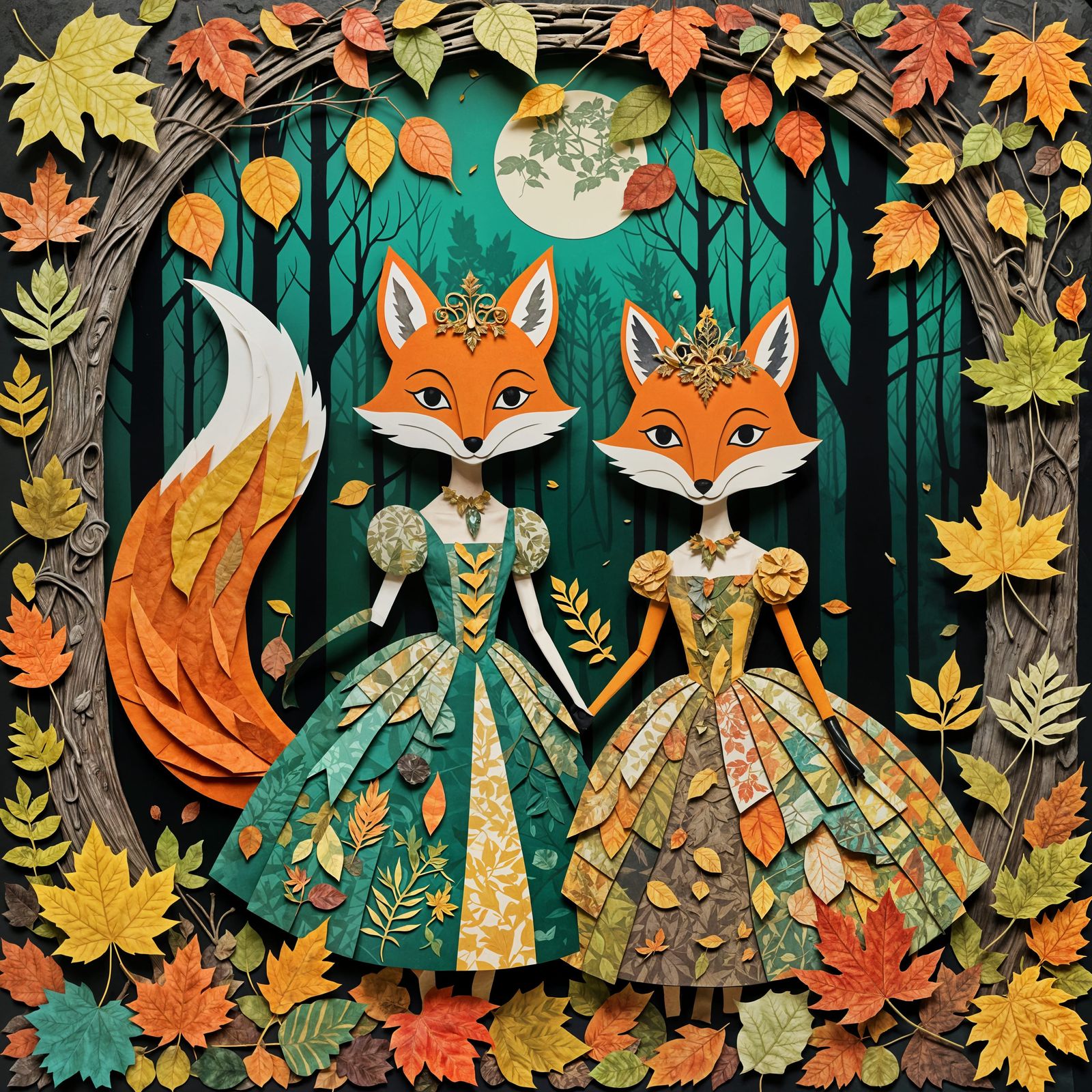Autumn Forest Twin Fox Princesses Collage