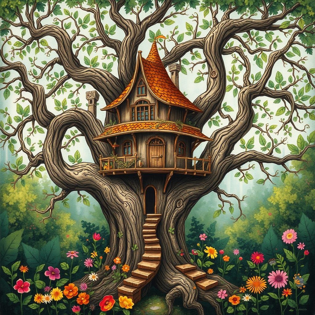 Dreamlike Treehouse in Whimsical Folk Art Style