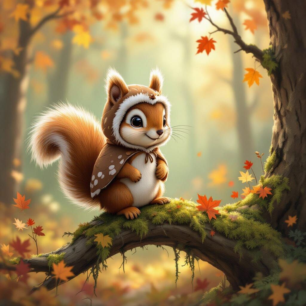 Mischievous Squirrel in Owl Costume in Autumn Forest