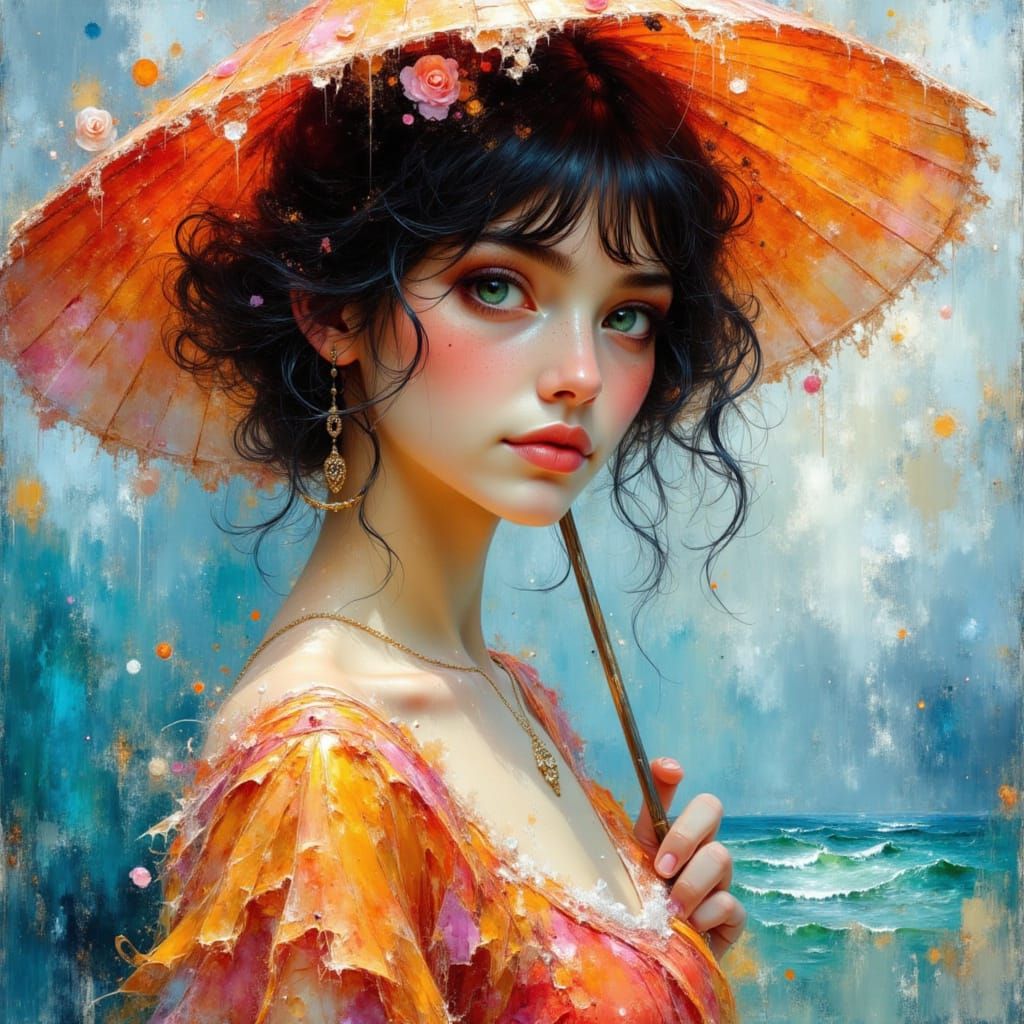 Woman with Parasol in Impasto Oil Glaze Style