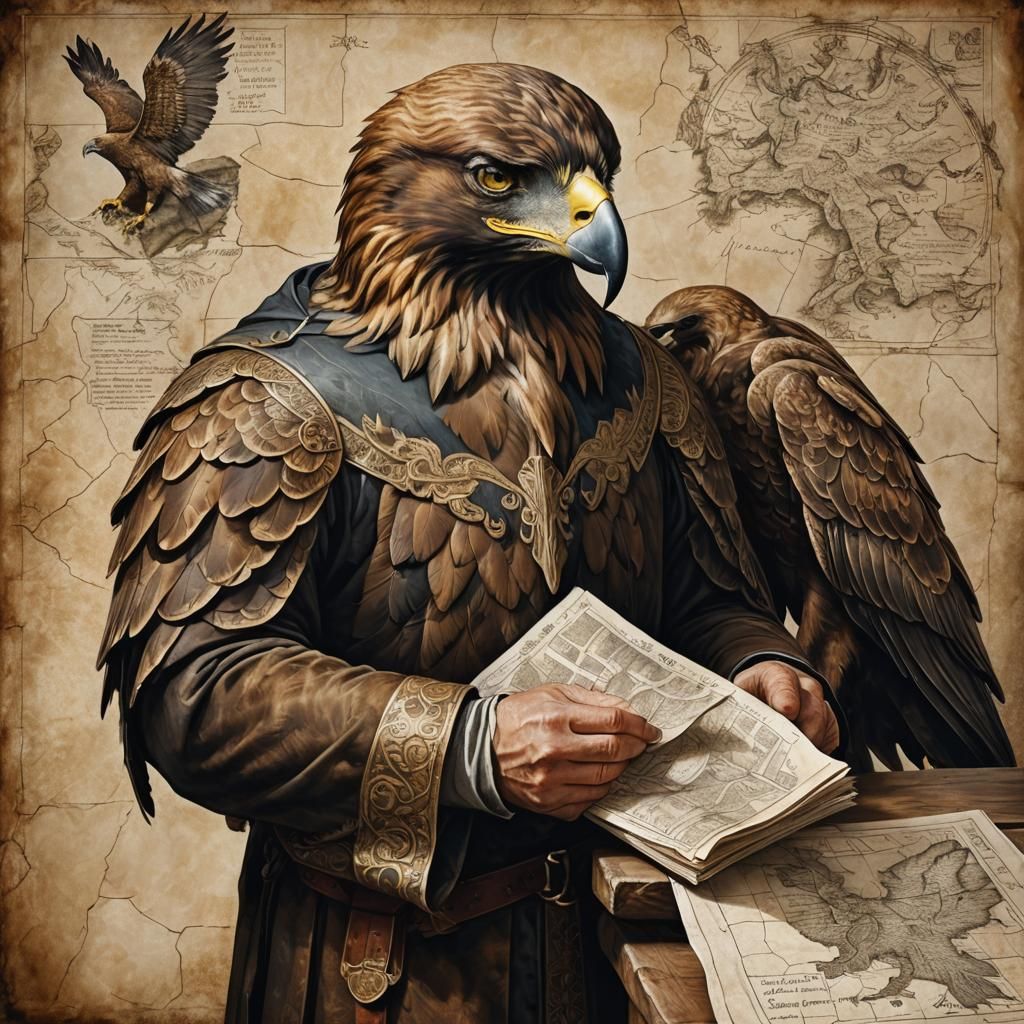 Eagle-Man Monk Cartographer in Detailed Concept Art