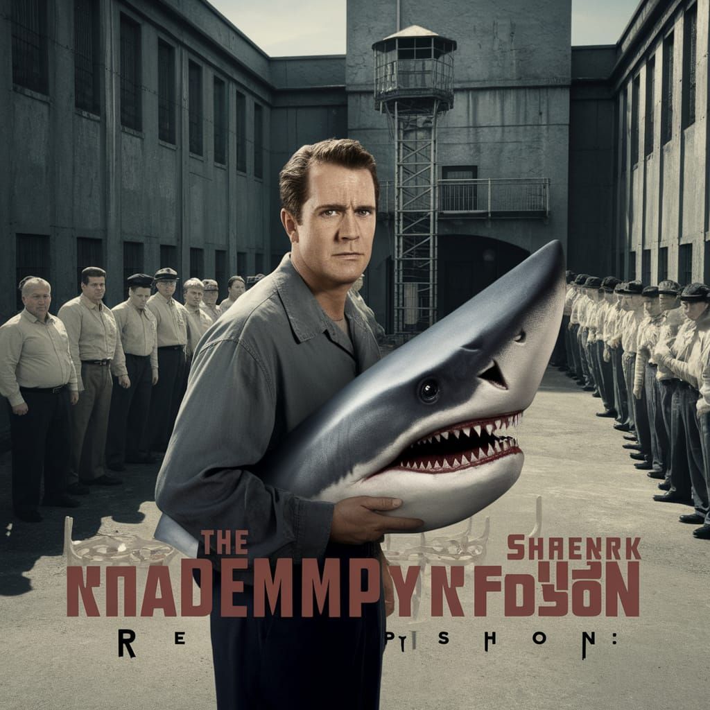 Movie poster. Title "The Shawshark Redemption:" Andy DuFresne and a shark in the prison yard at Shawshank. 1940s aesthet...
