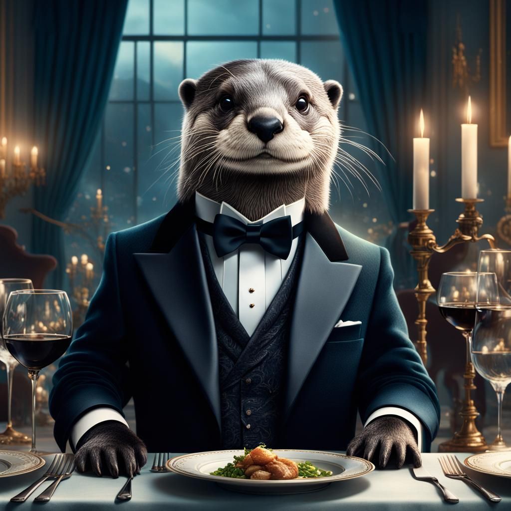 Anthropomorphic Otter at Dinner Party: Digital Painting