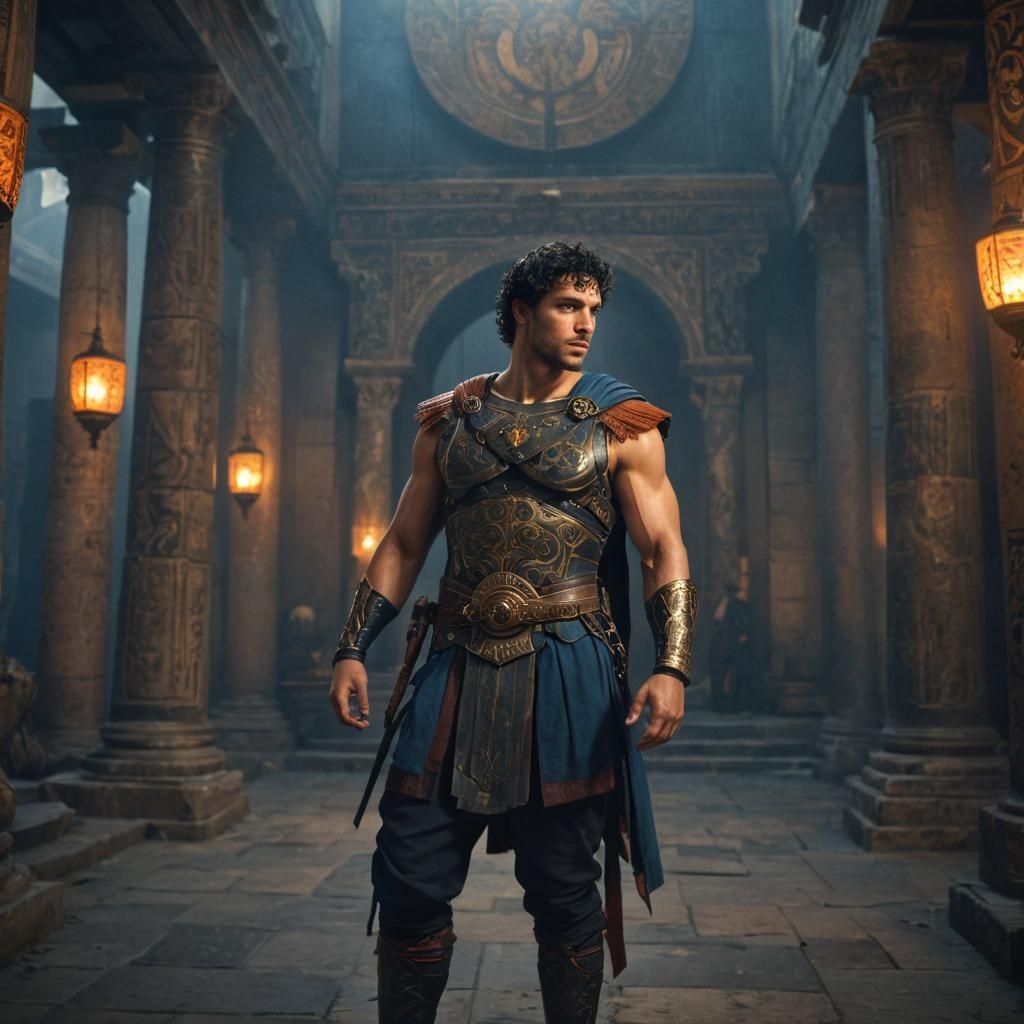 Greek Assassin in Ornate Temple: Fantasy Art