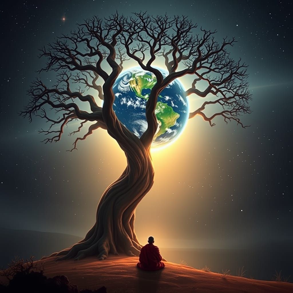 Baobab Tree Supports Earth in Dreamy Landscape