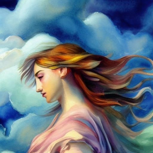 Goddess of Wind and Clouds in Gouache Style