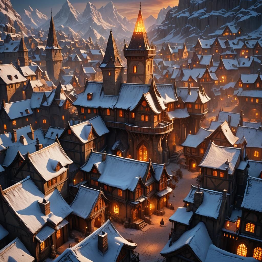 Snowy Dwarven City at Dusk in Matte Painting Style
