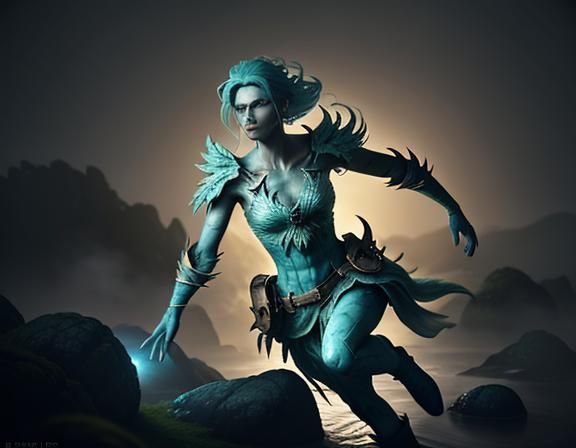 Female Amphibioid in Misty Environment: 3D Game Render