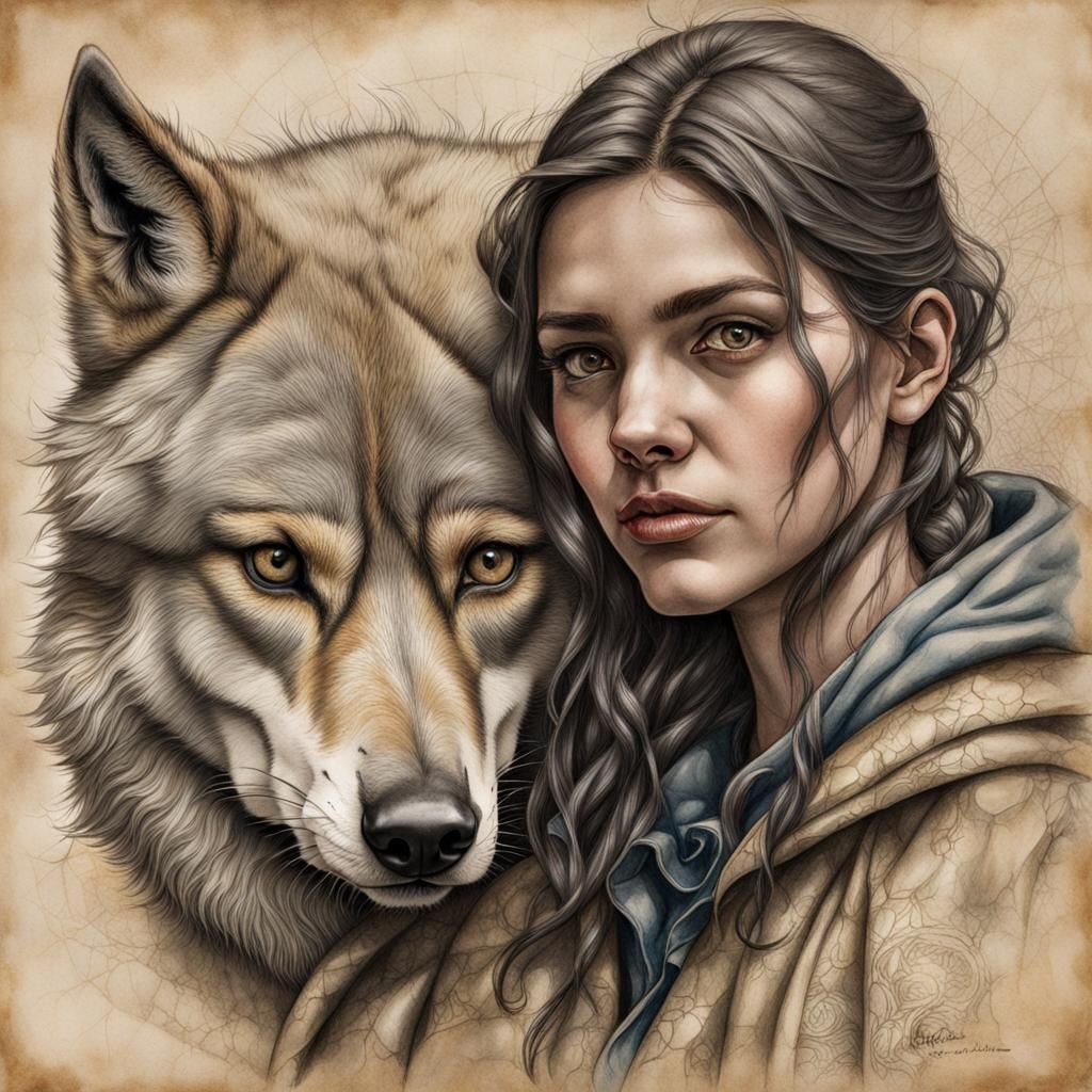 College Girl and Wolf: Pencil and Ink Drawing