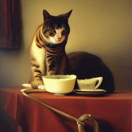 Cat Drinking Milk as Oil Painting
