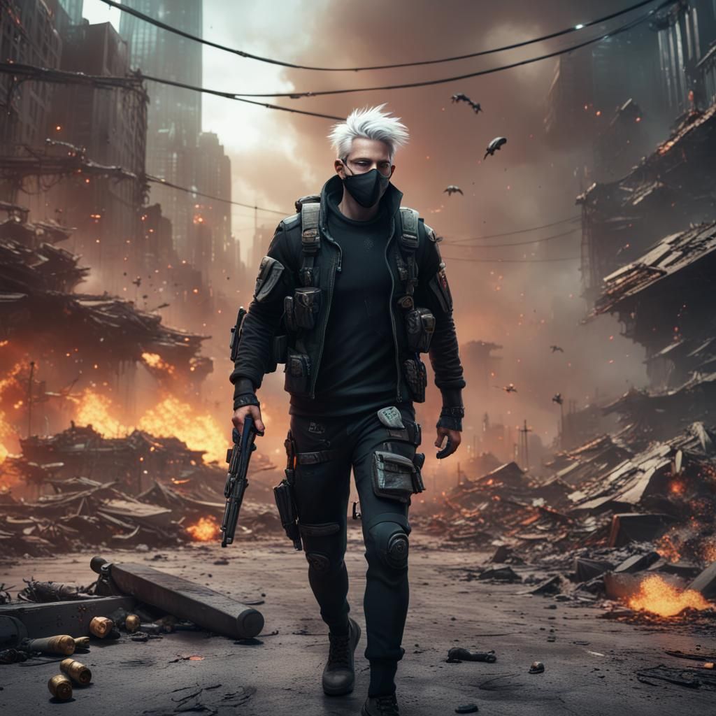 Cyberpunk Warrior in Warzone: Detailed Matte Painting