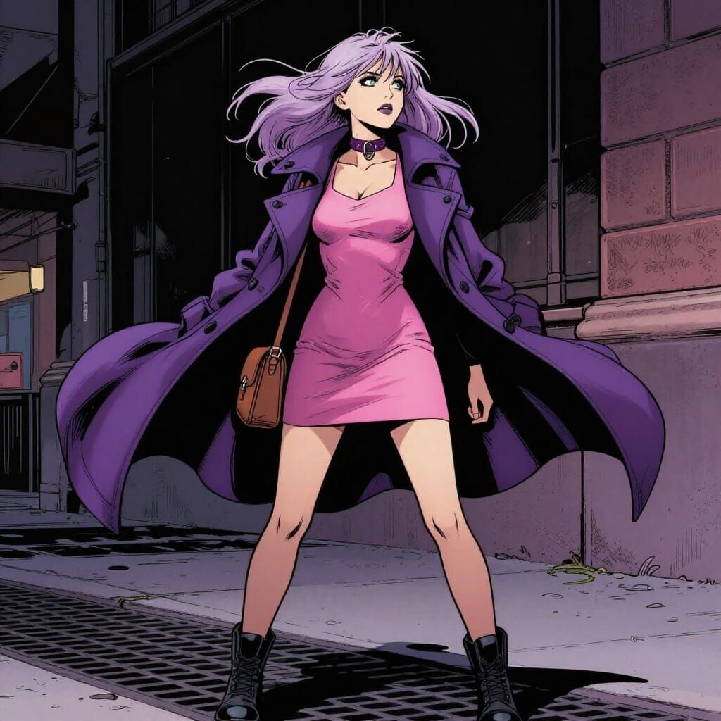 Goth Woman in Pink Dress in Comic Style