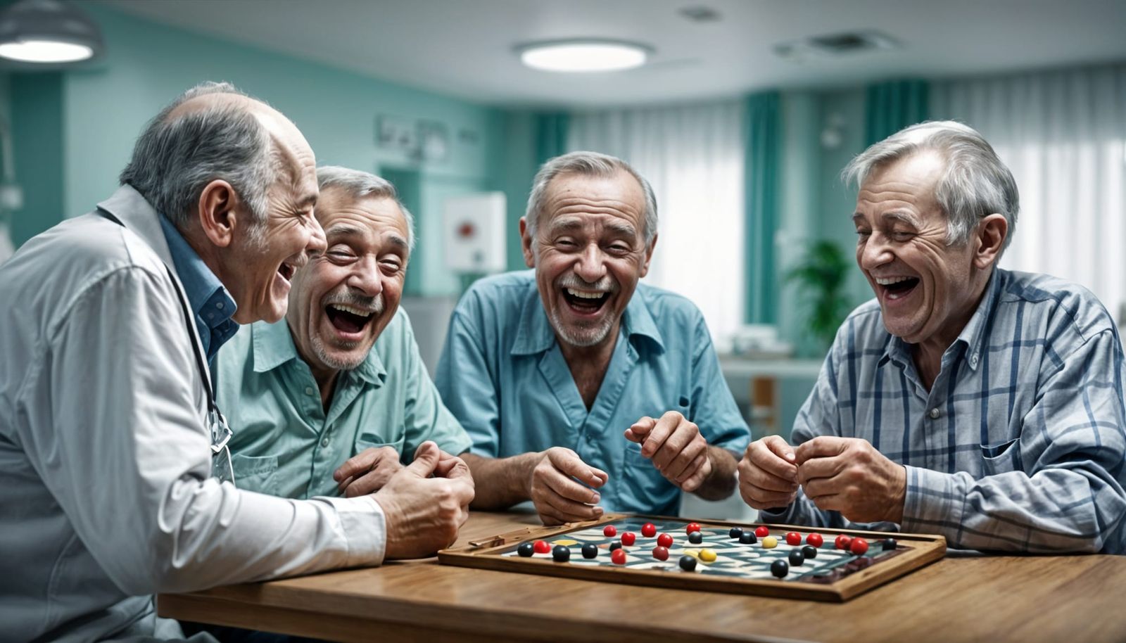 Men Sharing Laughter in a Hospital Setting