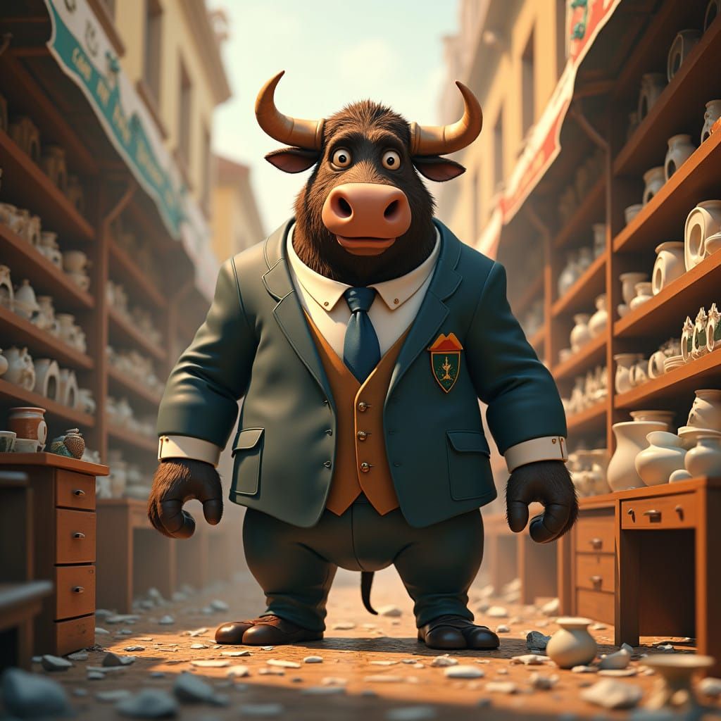 Anthropomorphic Bull Stocks Chinaware Shop in Vibrant 3D