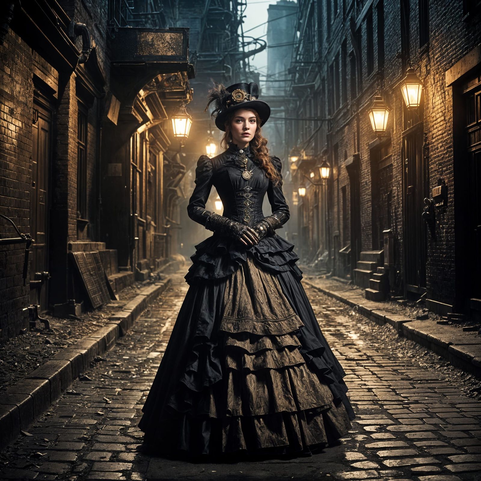 Steampunk Woman in Dimly Lit Alley