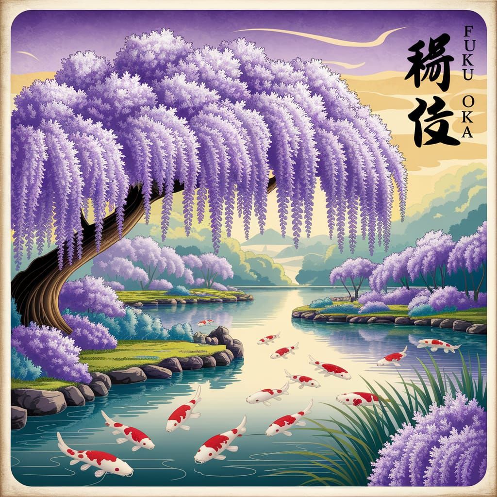 Golden Age Wisteria Garden Scene in Fukuoka