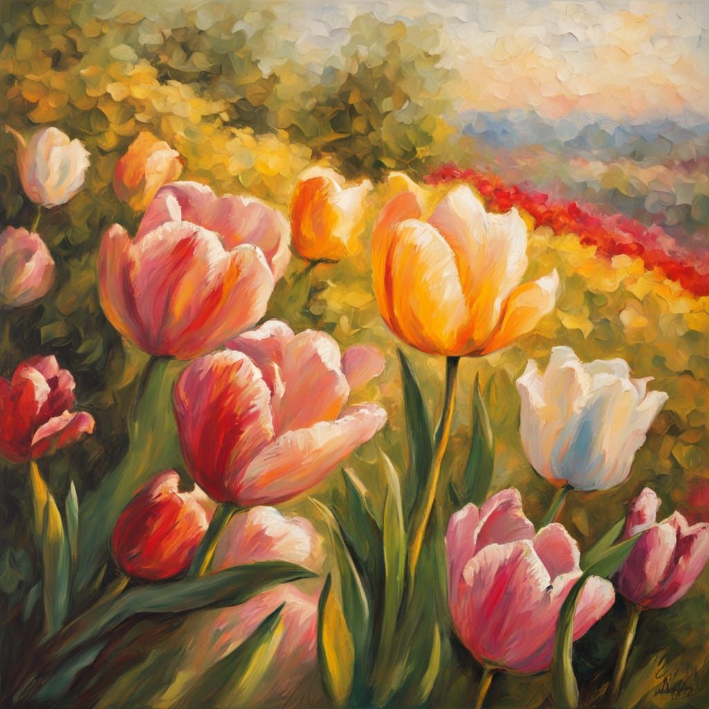 Vibrant Tulip Oil Painting in Neo-Impressionist Style