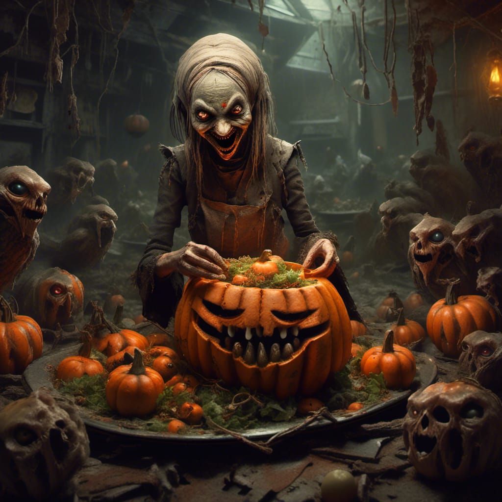 Macabre Alien Witch with Jack-O'-Lantern Creatures