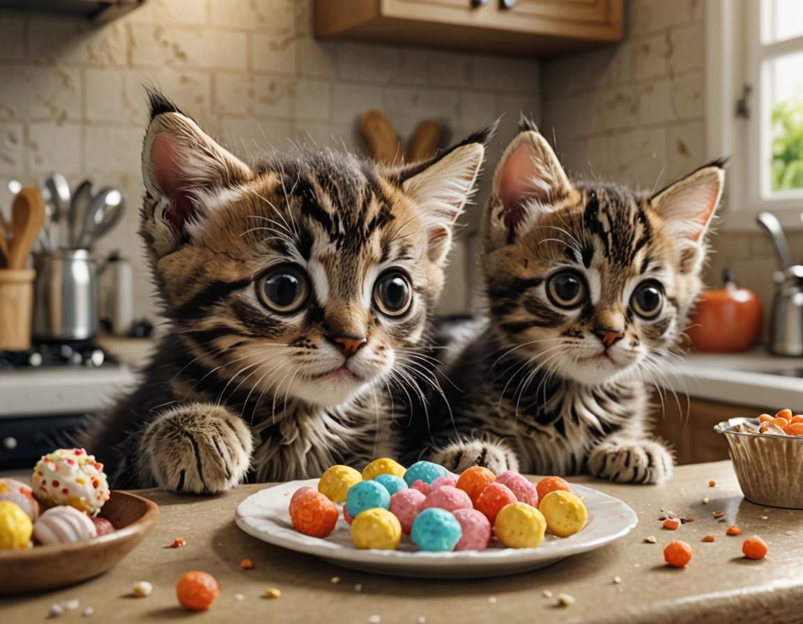 Whimsical Kittens Eating Treats: A 3D Cartoon