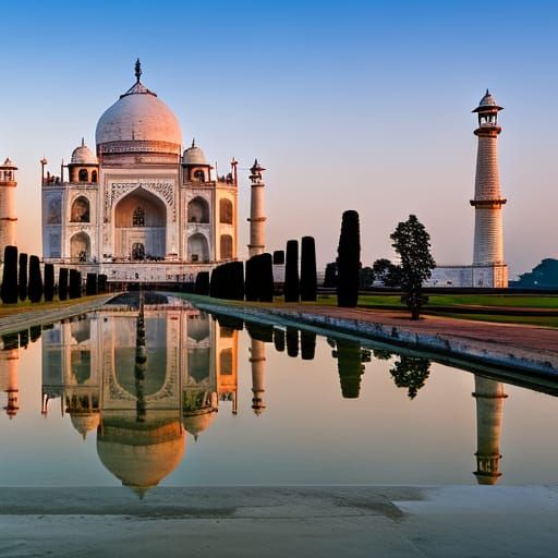 16k resolution, dawn at the Taj Mahal, reflecting the soft p...