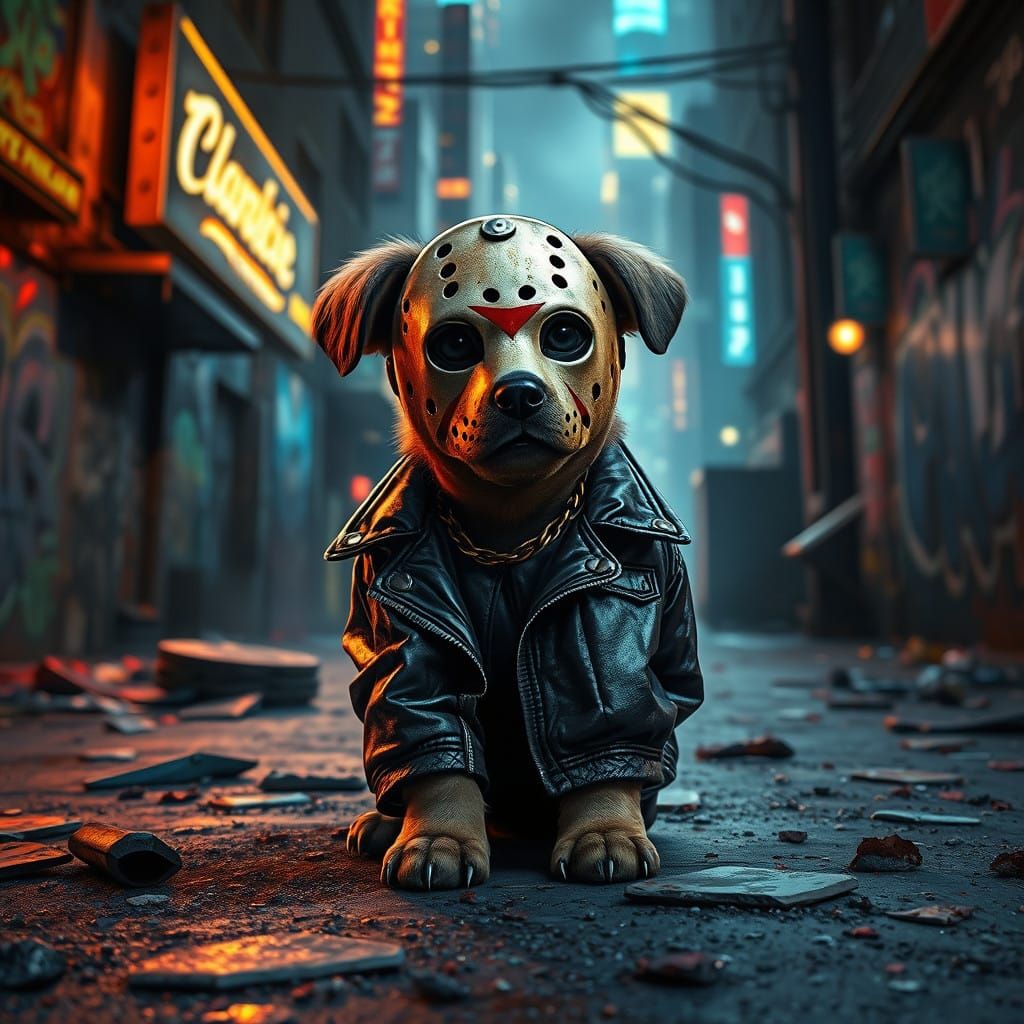 Gangster Puppy in Dark Fantasy Street Scene