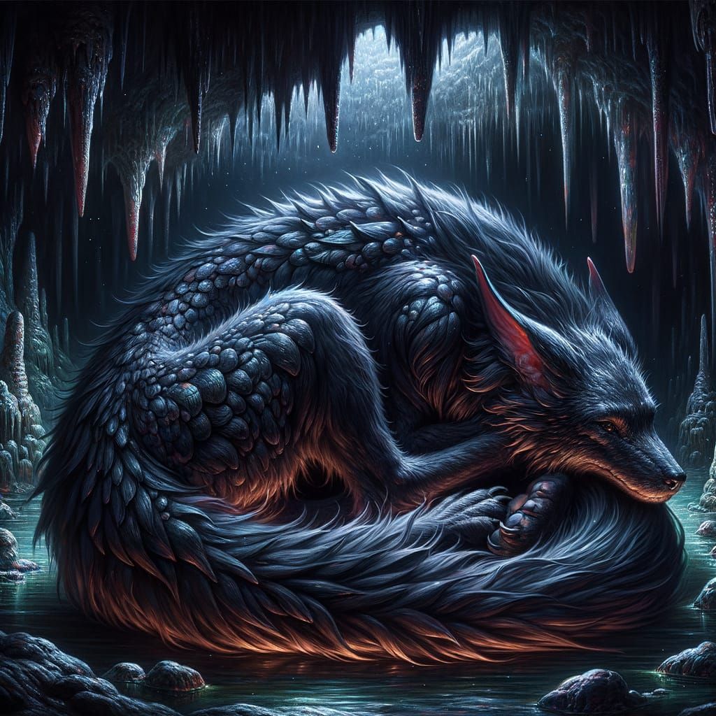 Iridescent Black Dragon-Dog Hybrid Resting in Cave