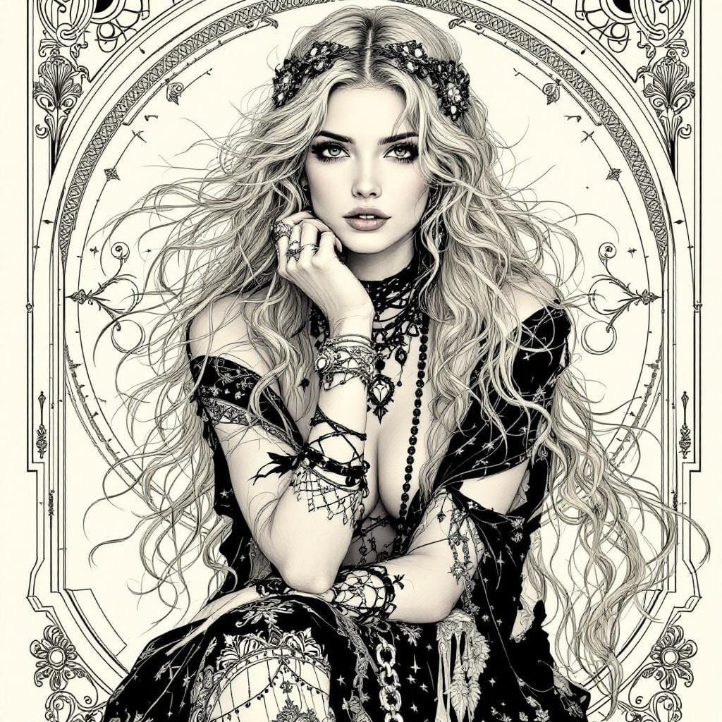 Art Nouveau Woman with Long Hair and Jewelry