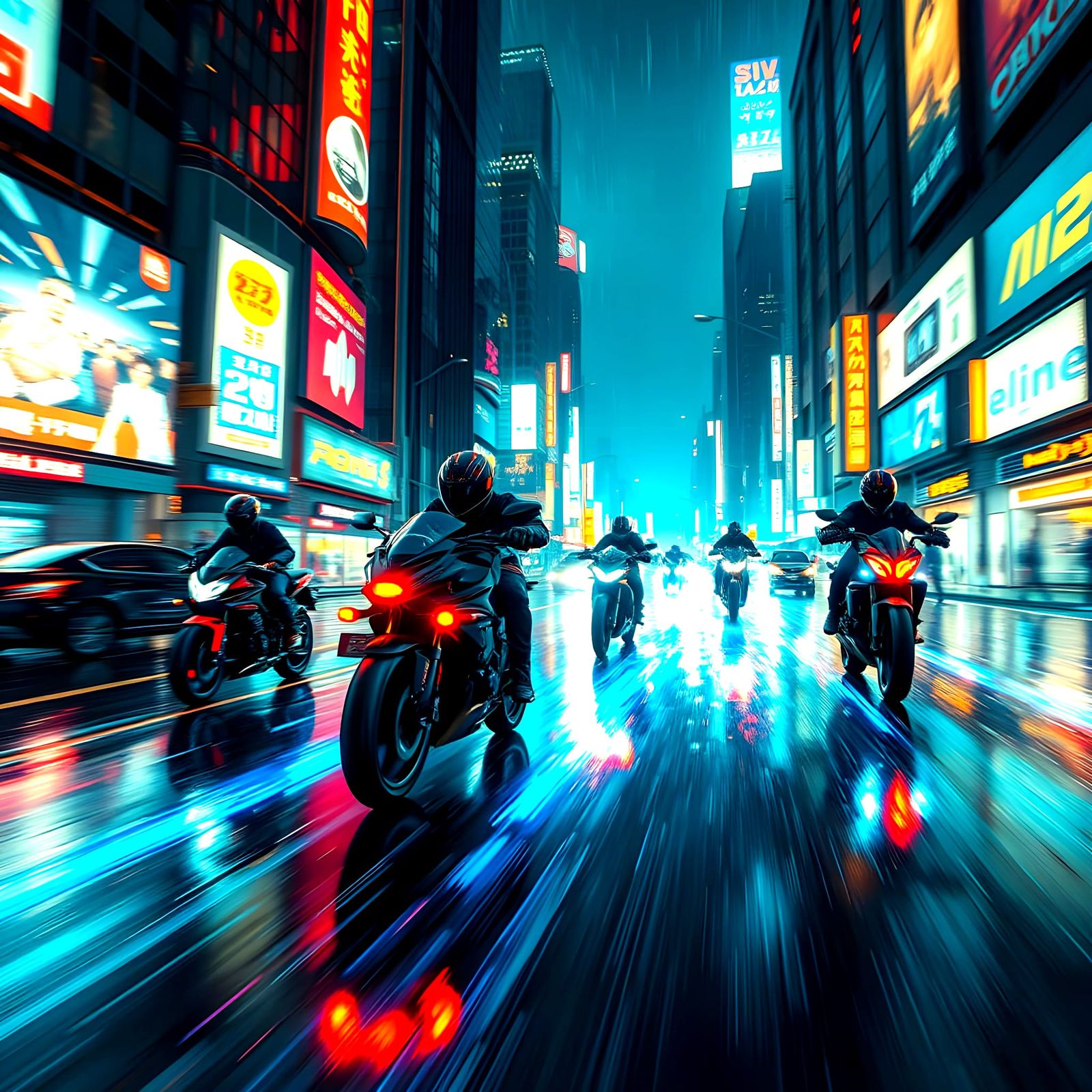 A high-speed cyberpunk motorcycle chase through a neon-lit c...