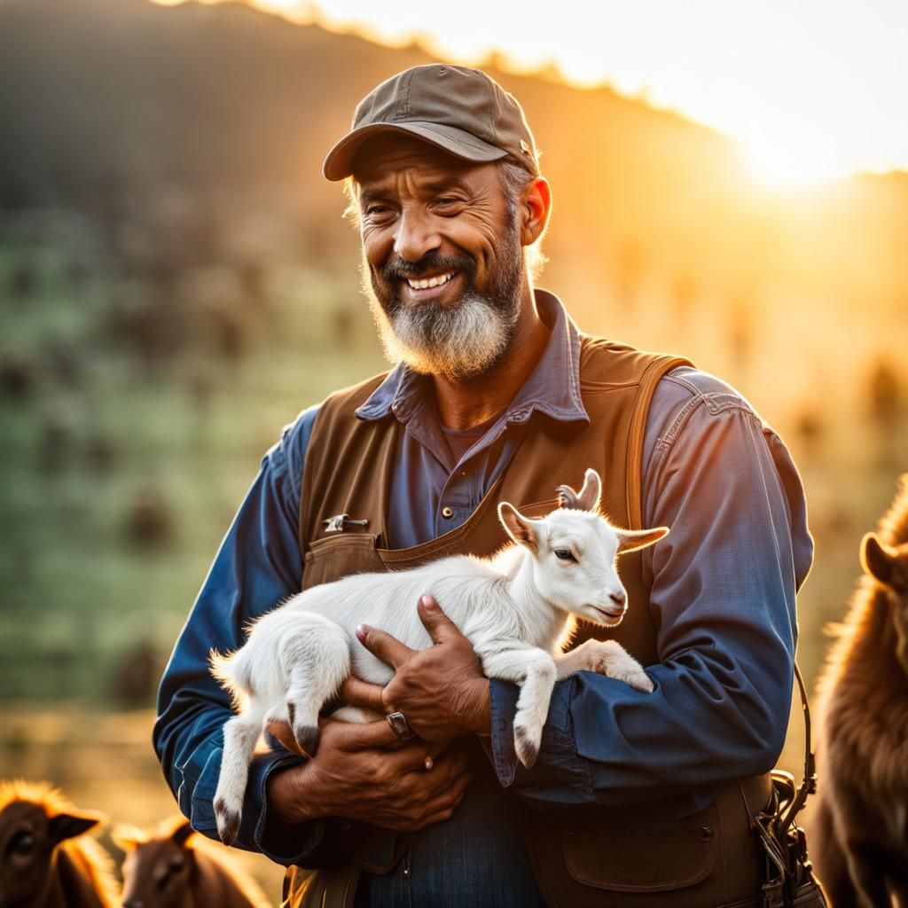 Farmer and Newborn Goat at Sunrise