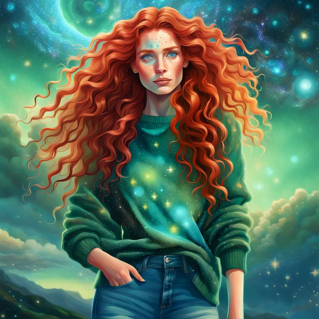 Ethereal Redhead in Surreal Holographic Illustration