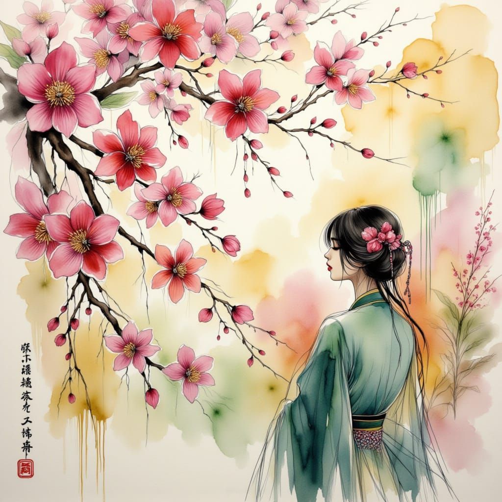 Magical Sakura Springscape in Chinese Ink Style