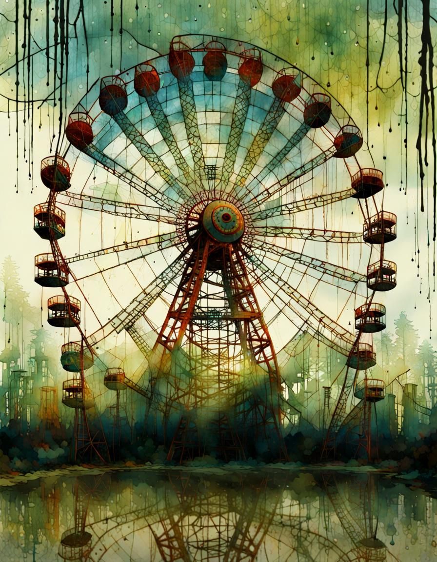 Abandoned Ferris Wheel in Acid Rain: Surreal Art