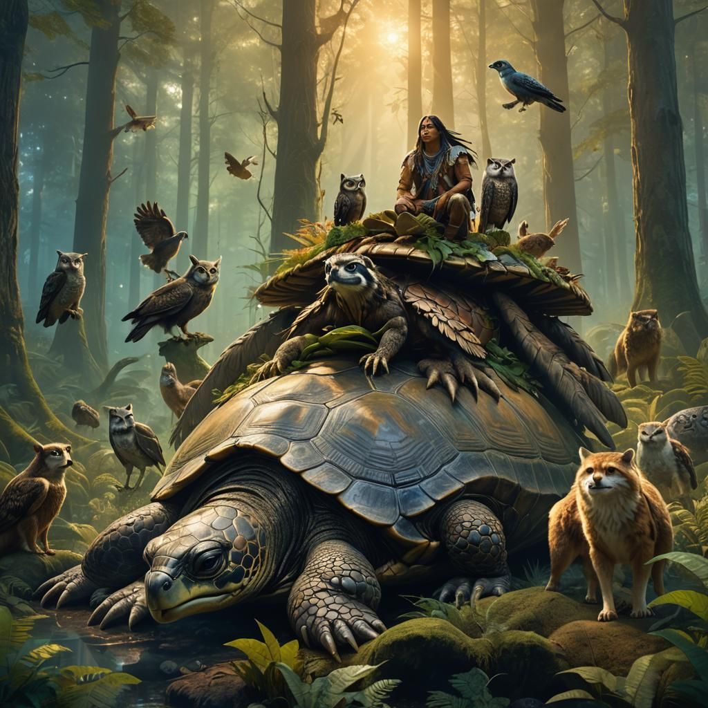 Native American and Forest Animals on Giant Turtle