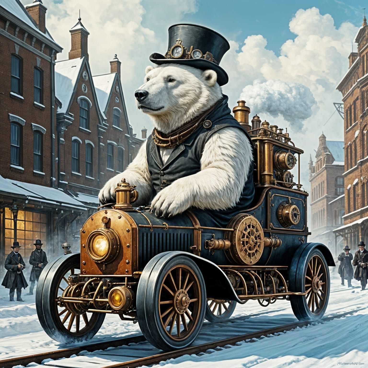 Steampunk Polar Bear Drives Steam Car in Snowy Town