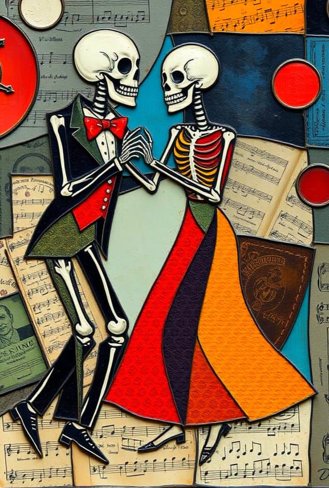 Skeleton Couple Dancing in Patchwork Cubist Style