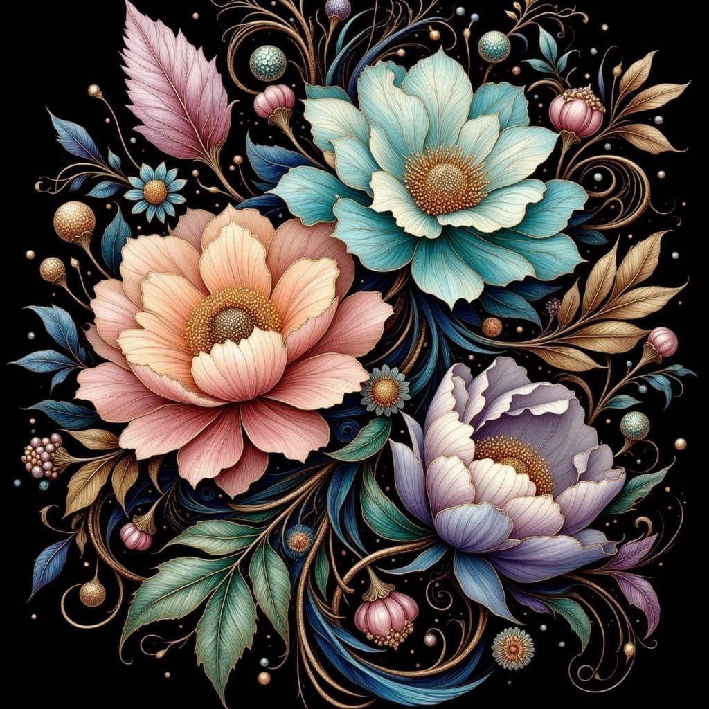 Jeweled Floral Bouquet on Black Background