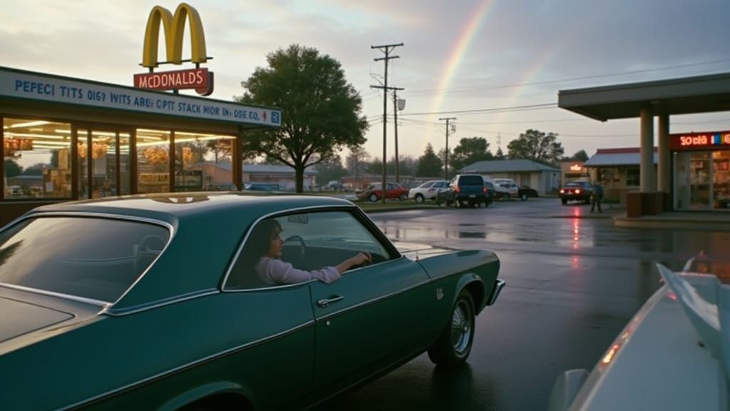 1970s McDonald's Drive-Thru Scene with Rainbow