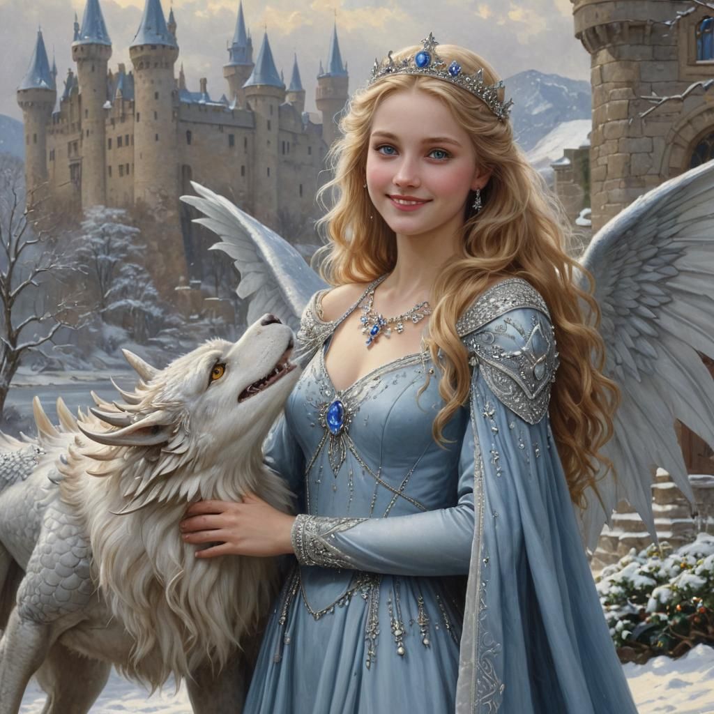 Snow Queen Hugging Dragon, Pre-Raphaelite Style